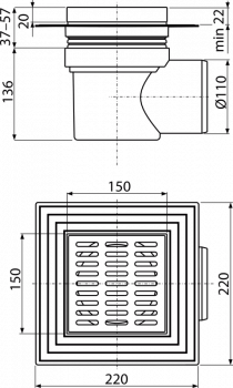 Трап горизонтальный 150 × 150/110, нержавеющая решетка, воротник – 2-х уровневая изоляция, гидрозатвор – мокрый APV12